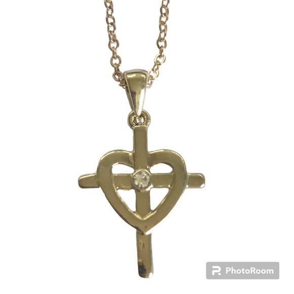 Sacred Heart Cross Necklace 18" Gold Plated Crystal Catholic Christian Gift - Picture 2 of 11